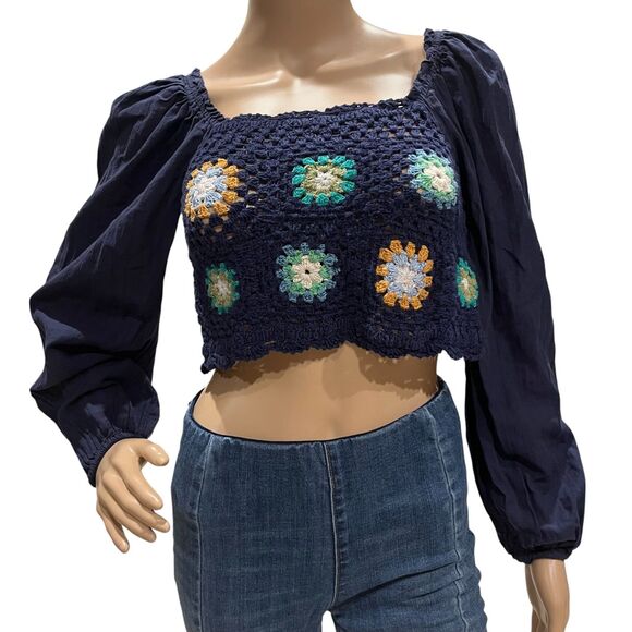 AERIE Crochet Granny Square Crop Top Floral Puff Sleeve BOHO Blue Sz XS - Picture 2 of 7